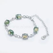 Natural Moss Agate Link Chain Bracelets, with Brass Findings, Real Platinum Plated, Oval and Infinity, 5-3/4 inch~6 inch(14.5~15cm)(BJEW-G595-A01)