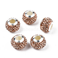 Handmade Polymer Clay Rhinestone European Beads, with Silver Tone CCB Plastic Double Cores, Large Hole Beads, Rondelle, Jet Brown Flare, 12.5~13x10mm, Hole: 4.5mm(RB-N053-001-10)