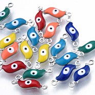 304 Stainless Steel Enamel Connector Charms, Stainless Steel Color, Leaf with Evil Eye, Mixed Color, 16x5x3mm, Hole: 1.2mm(STAS-N092-180)