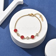 Ion Plating(IP) 304 Stainless Steel Link Bracelets, Rolo Chains Jewelry for Women, with Cubic Zirconia & Enamel, Real 18K Gold Plated, Flat Round, Dark Red, 6-5/8 inch(16.8cm)(BJEW-P345-10G-02)