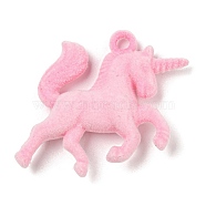 Flocky Resin Pendants, Unicorn Charms, Pink, 33x41x9.5mm, Hole: 3mm(CRES-D017-02B)
