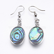 Abalone Shell/Paua Shell Dangle Earrings, with Brass Findings, Oval, Platinum, 48mm, Pin: 0.7mm(EJEW-F147-A07)