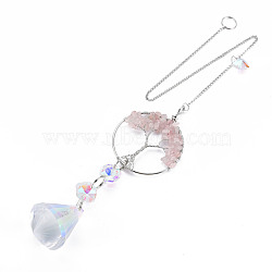 Natural Rose Quartz Big Pendants, with Platinum Brass Chain Extender and Findings, Plating Glass Teardrop & Flower, Clear AB Color, Flat Round with Tree of Life, 140mm, Hole: 3.5x5.5mm(G-N333-009F)