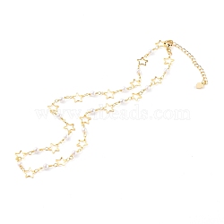 Round Glass Beaded Necklaces, with Brass Star Links, White, Golden, 16.33 inch(41.5cm)(NJEW-JN03395)