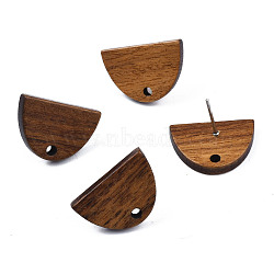 Walnut Wood Stud Earring Findings, with Hole and 304 Stainless Steel Pin, Half Round, Peru, 12.5x18mm, Hole: 1.8mm, Pin: 0.7mm(MAK-N032-009)