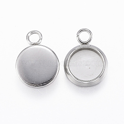 304 Stainless Steel Pendant Cabochon Settings, Flat Round, Stainless Steel Color, Tray: 6mm, 11x8x1.5mm, Hole: 2mm(STAS-E146-18P-6mm)