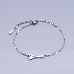201 Stainless Steel Link Bracelets, with Lobster Claw Clasps, Eiffel Tower, Stainless Steel Color, 6-3/4 inch(17.2cm)(BJEW-T011-JN508-1)