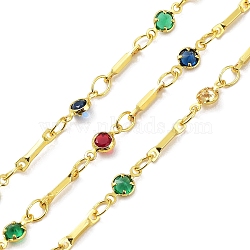 Brass Flat Round & Bar Link Chains, with Colorful Glass Beaded, Soldered, with Spool, Real 18K Gold Plated, 8.5x2x1mm, 8x4x2mm, about 32.81 Feet(10m)/Roll(CHC-C001-10G)