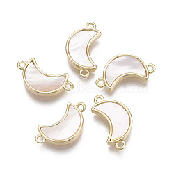 Brass Links, with Freshwater Shell, Nickel Free, Real 18K Gold Plated, Moon, Seashell Color, 18~19x10x3mm, Hole: 1.2mm(KK-R134-044-NF)