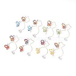 Glass Beaded Butterfly Cuff Earrings with Acrylic Pearl, Brass Big Non Piercing Earrings for Women, Mixed Color, 148mm, Pin: 0.8mm(EJEW-JE04828)