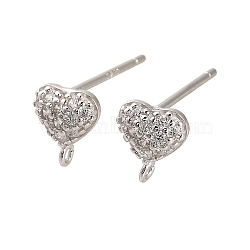 Rhodium Plated 925 Sterling Silver Ear Stud Findings, with Cubic Zirconia, Heart, 7.5x7mm, Hole: 1mm, Pin: 11x0.9mm(STER-F058-01P-09)