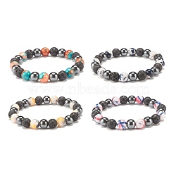 Gemstone & Lava Rock & Synthetic Hematite Round Beaded Stretch Bracelet, Essential Oil Gemstone Jewelry for Women, Mixed Color, Inner Diameter: 2-1/8 inch(5.5cm)(BJEW-JB07972)