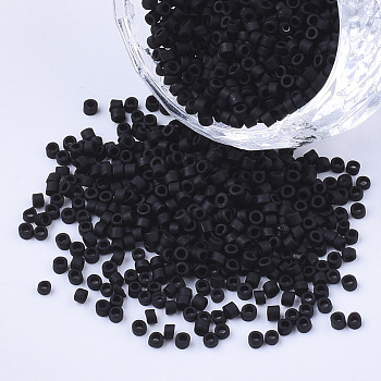 Opaque Glass Cylinder Beads, Seed Beads, Frosted Colours, Round Hole, Black, 1.5~2x1~2mm, Hole: 0.8mm, about 8000pcs/bag, about 85~95g/bag