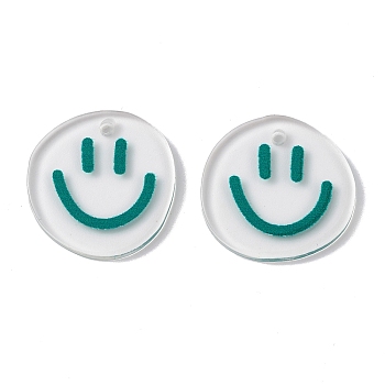 Transparent Printed Acrylic Pendants, Flat Round with Smiling Face Charm, Teal, 20.5~21x20~21x2mm, Hole: 1.6mm