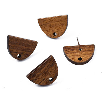 Walnut Wood Stud Earring Findings, with Hole and 304 Stainless Steel Pin, Half Round, Peru, 12.5x18mm, Hole: 1.8mm, Pin: 0.7mm