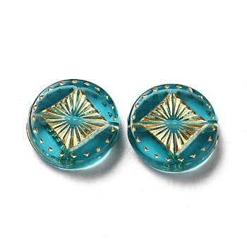 Transparent Plating Acrylic Beads, Golden Metal Enlaced, Flat Round, Teal, 15~15.5x4.5mm, Hole: 1.5~1.8mm, about 606pcs/500g