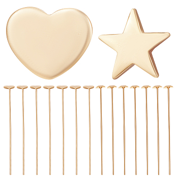 40Pcs 2 Styles Brass Heart & Star Head Pins, Nickel Free, Real 18K Gold Plated, 21 Gauge, 51x0.7mm, Head: 5x6mm, 20pcs/style
