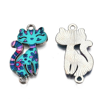 Printed Alloy Kitten Links connectors, with Enamel, Cartoon Cat, Platinum, Dark Turquoise, 29.5x16.5x2mm, Hole: 1.8mm