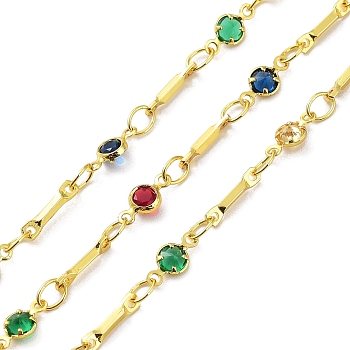 Brass Flat Round & Bar Link Chains, with Colorful Glass Beaded, Soldered, with Spool, Real 18K Gold Plated, 8.5x2x1mm, 8x4x2mm, about 32.81 Feet(10m)/Roll