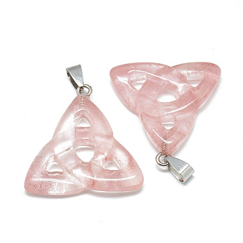Cherry Quartz Glass Pendants, with Stainless Steel Snap On Bails, Trinity Knot/Triquetra, Irish, 23~40x33~38x5~7mm, Hole: 6x4mm
