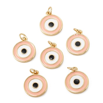 Brass Enamel Pendants, Long-Lasting Plated, Real 18K Gold Plated, Flat Round with Eye, Beige, 14x11.5x1.5mm, Hole: 2.6mm