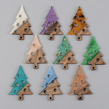 Resin & Walnut Wood Pendants, Christmas Tree with Round, Mixed Color, 40x28x3mm, Hole: 2mm