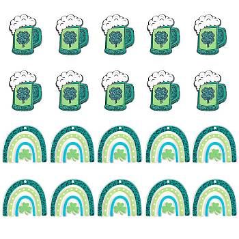 20 Pcs Saint Patrick's Day Acrylic Beer & Clover Charms for Jewelry Necklace Earring Making Crafts, Green, 33x27mm, Hole: 1.5mm
