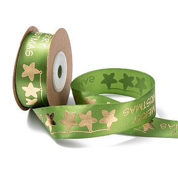 Polyester Ribbon, Star Pattern with Word Merry Christmas, Green, 1 inch(26mm), about 10yards/roll