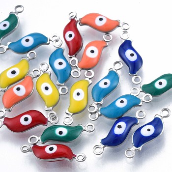 304 Stainless Steel Enamel Connector Charms, Stainless Steel Color, Leaf with Evil Eye, Mixed Color, 16x5x3mm, Hole: 1.2mm