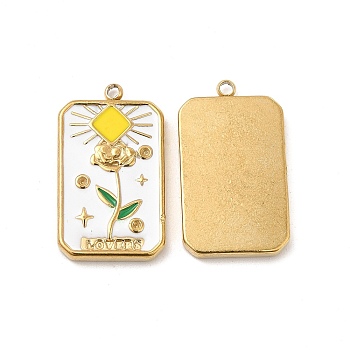 Vacuum Plating 201 Stainless Steel Enamel Pendants, Real 18K Gold Plated, Rectangle with Rose Charm, White, 22.5x13x2.5mm, Hole: 1.2mm