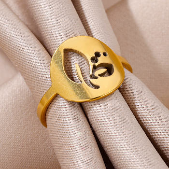 Personality Special-Interest 304 Stainless Steel Finger Rings for Women, Golden, Leaf, Inner Diameter: 18mm