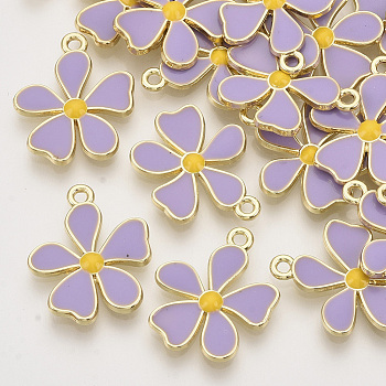 Alloy Enamel Pendants, Light Gold, Flower, Medium Purple, 20x17x2mm, Hole: 1.6mm
