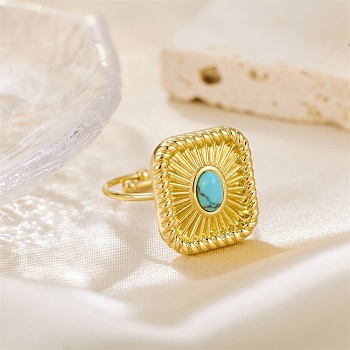 304 Stainless Steel Cuff Open Rings, Square, with Turquoise, Golden, 18mm