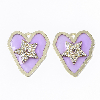 Epoxy Resin Pendants, with Crystal Rhinestone and Light Gold Plated Alloy Open Back Bezel, Heart with Star, Lilac, 40x34.5x2.5mm, Hole: 3x3mm