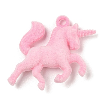 Flocky Resin Pendants, Unicorn Charms, Pink, 33x41x9.5mm, Hole: 3mm