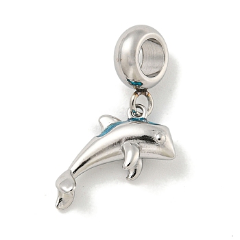 Non-Tarnish 304 Stainless Steel European Dangle Charms, Large Hole Pendants, Dolphin Charm, Stainless Steel Color, 26mm, Hole: 4.5mm