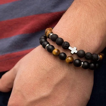 2Pcs 2 Style 8mm Round Natural Lava Rock & Frosted Black Agate & Tiger Eye Stretch Bracelets Set, Cross Stackable Bracelets for Men