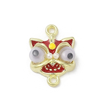 Alloy Enamel Lion Head Connector Charms, with Acrylic and ABS Imitation Pearl, Cadmium Free & Nickel Free & Lead Free, Rack Plating, Golden, Red, 16x11.5x2mm, Hole: 1.5mm