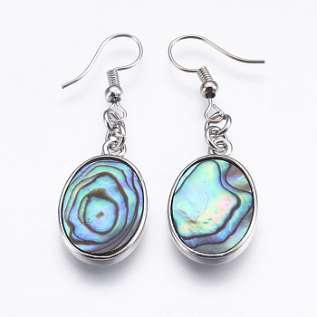 Abalone Shell/Paua Shell Dangle Earrings, with Brass Findings, Oval, Platinum, 48mm, Pin: 0.7mm