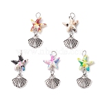 Starfish/Sea Stars Dyed Synthetic Turquoise & Alloy Shell Shape Pendants, Antique Silver, Mixed Color, 32.5x14x5mm, Hole: 4mm(PALLOY-JF03957-02)