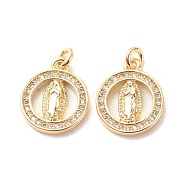 Brass Micro Pave Clear Cubic Zirconia Pendants, with Jump Ring, Cadmium Free & Lead Free, Flat Round with Saint, Real 18K Gold Plated, 15x12.5x2.5mm, Hole: 2.2mm(ZIRC-P099-04G)
