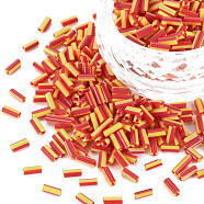 Opaque Colours Two Tone Seed Glass Bugle Beads, Round Hole, Round Bugle, Orange Red, 4~8.5x2mm, Hole: 0.6~0.8mm, about 450g/Pound(SEED-T006-02A-05)