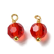 Glass Charms, with Real 18K Gold Plated Brass Loop, Faceted Round Charm, Red, 11.5x6mm, Hole: 1.4mm(KK-P242-04G)