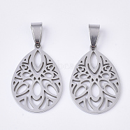 201 Stainless Steel Pendants, Filigree Pendants, with Random Size Snap on Bails, Teardrop, Stainless Steel Color, 28.5x20x1.5mm, Hole: 8~10x3~5mm(STAS-N089-01P)