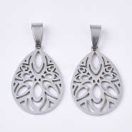 Non-Tarnish 201 Stainless Steel Pendants, Filigree Pendants, with Random Size Snap on Bails, Teardrop, Stainless Steel Color, 28.5x20x1.5mm, Hole: 8~10x3~5mm(STAS-N089-01P)