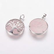 Natural Rose Quartz Pendants, with Brass Findings, Platinum, Flat Round with Tree, 31x27x6.5~7mm, Hole: 5x8mm(G-E388-02P)