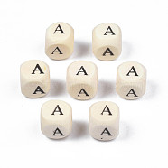 Printed Natural Wood Beads, Horizontal Hole, Cube with Initial Letter, PapayaWhip, Letter.A, 10x10x10mm, Hole: 3.5mm(X-WOOD-T026-001A)