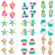 Resin Cabochons, with Glitter Powder, Watermelon, Grape, Pineapple, Peach, Starfish, Shell, Fish, Octopus, Sea Horse, Mixed Color, 18.5~26x13.5~23x3.5~6.5mm, 36pcs/set(CRES-SC0001-37)