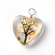 Transparent Glass Pendants, with Dried Flower inside and Stainless Steel Finding, Heart, Yellow, 34x25x12mm, Hole: 5mm(GLAA-SZC0002-01A)