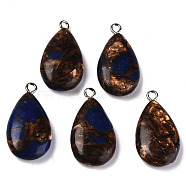 Assembled Synthetic Bronzite and Lapis Lazuli Pendants, with Iron Loop, Teardrop, Platinum, 28~29x15~16x6mm, Hole: 2mm(G-N330-014-B01)